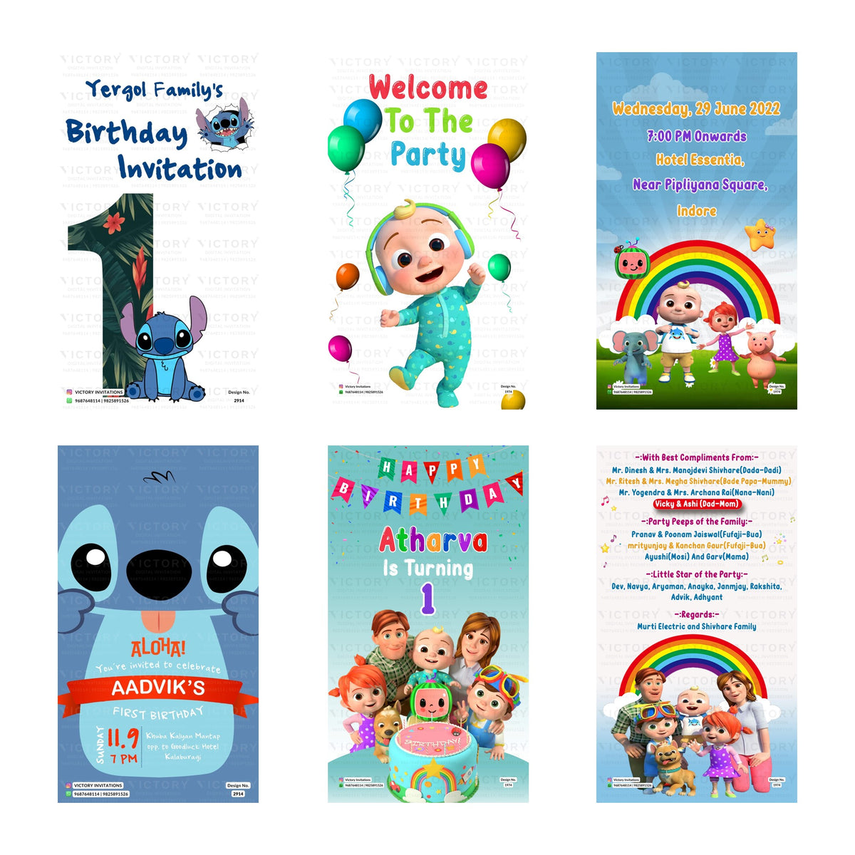 Children's 1st birthday party digital invitation card set 3354 featuring Stitch and CoComelon themed templates for Aadvik and Atharva   
