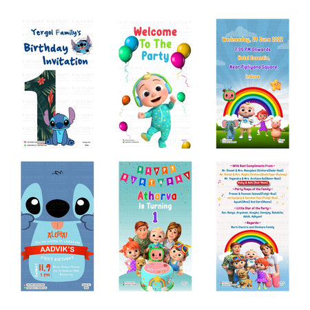 Children's 1st birthday party digital invitation card set 3354 featuring Stitch and CoComelon themed templates for Aadvik and Atharva   