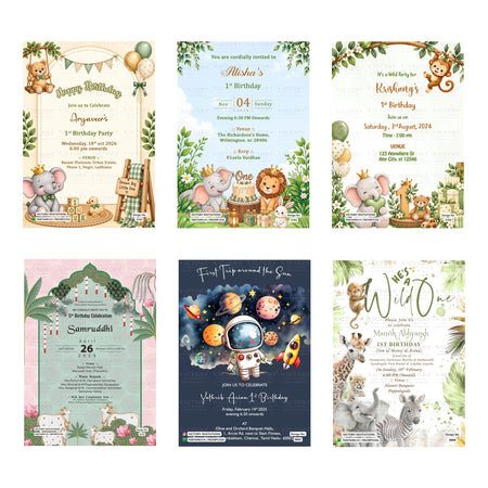 Children's 1st and 5th birthday party digital invitation card set 3355 featuring jungle animal themes, 'Wild One' party stationery, 'First Trip around the Sun' space theme, and teddy bear templates   