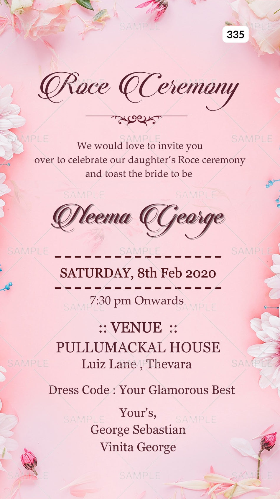 Roce ceremony invitation card in english language with flowers as floral theme Canva Editable Template design 335