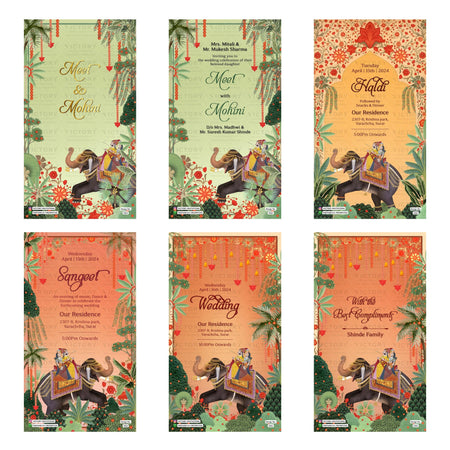 Traditional Indian wedding digital invitation card set 3361 featuring Meet and Mohini, Haldi, Sangeet, and Wedding templates.