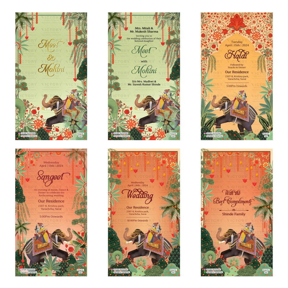 Traditional Indian wedding digital invitation card set 3361 featuring Meet and Mohini, Haldi, Sangeet, and Wedding templates.