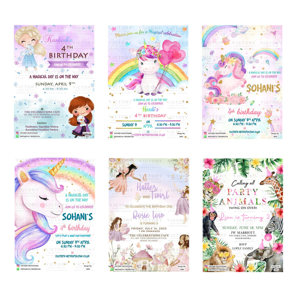 Editable Ice Princess, Unicorn Rainbow, Fairy & Jungle Safari Birthday Invitation PSD Template Bundle A 3367