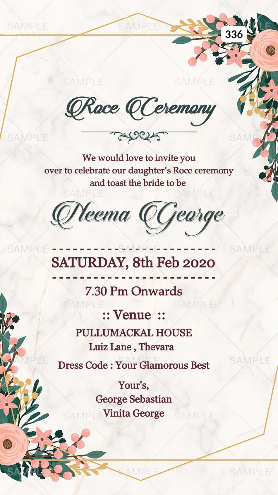 Roce ceremony invitation card Canva Editable Template in english language with flowers, frame as minimalistic theme design 336