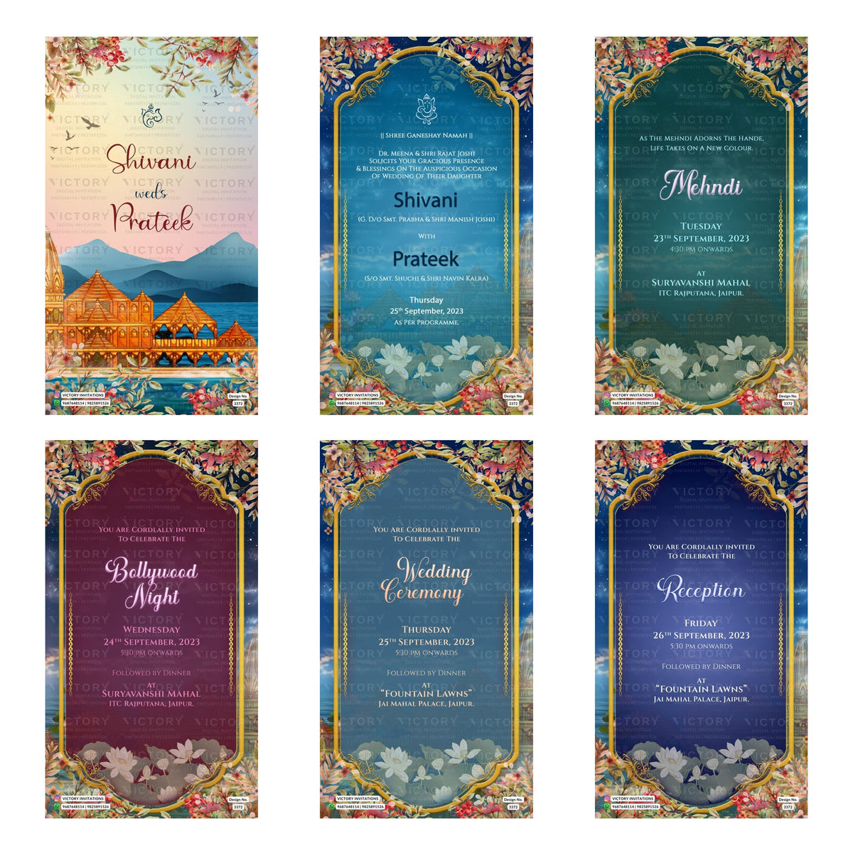 Traditional Indian wedding digital invitation card set 3372 featuring, Mehndi, Bollywood Night, Wedding Ceremony, and Reception templates.