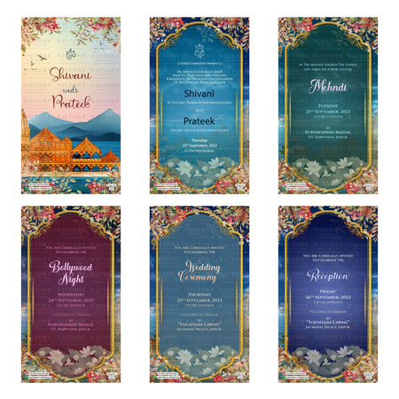 Traditional Indian wedding digital invitation card set 3372 featuring, Mehndi, Bollywood Night, Wedding Ceremony, and Reception templates.