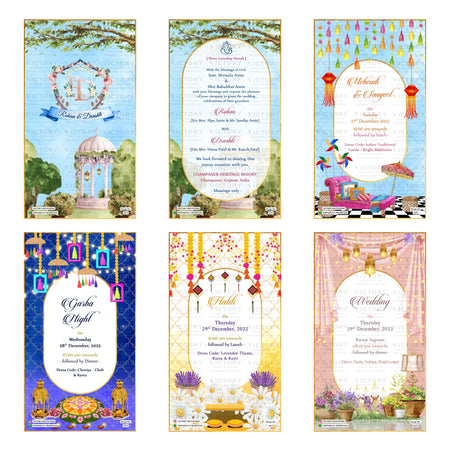 Traditional Indian wedding digital invitation card set 3373 featuring  Mehendi & Sangeet, Garba Night, Haldi, and Wedding templates.