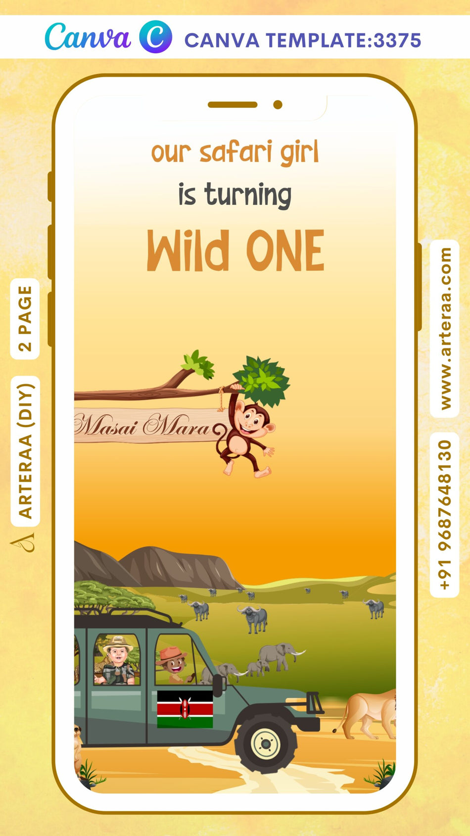 Birthday party invitation Canva Editable video Template for boy in English language with animal as jungle theme design 3375