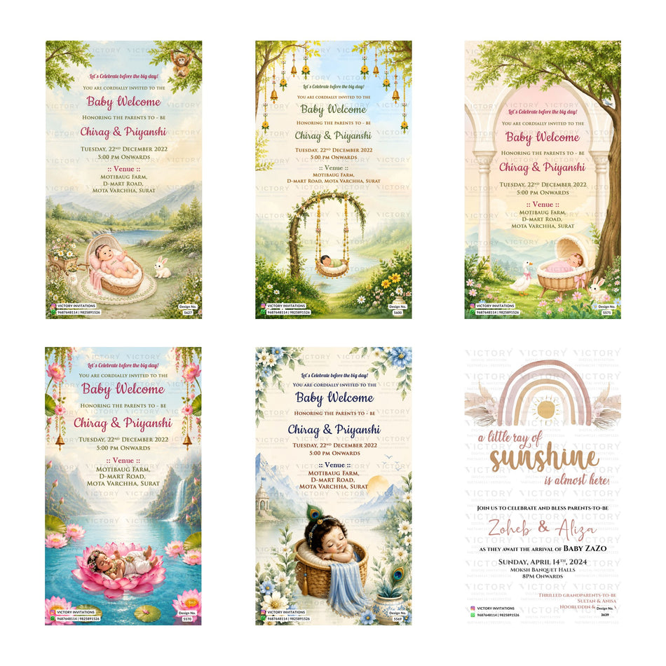 Editable Krishna , Nature, Floral & Rainbow Baby Shower Invitation PSD Template Bundle A 3375