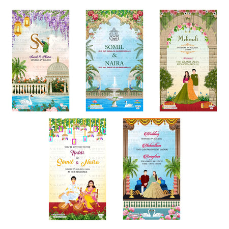 Traditional Indian wedding digital invitation card set 3377 featuring Somil and Naira, Mehendi, Haldi, and Wedding Mahurtham Reception templates.