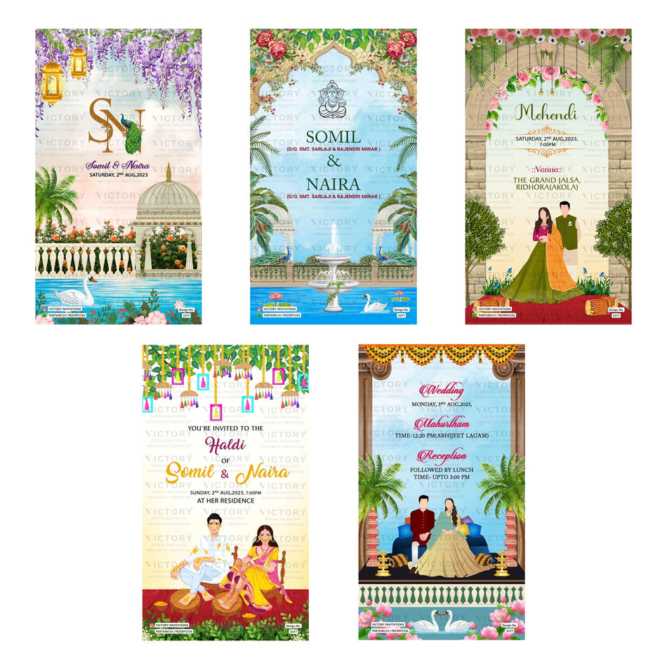 Traditional Indian wedding digital invitation card set 3377 featuring Somil and Naira, Mehendi, Haldi, and Wedding Mahurtham Reception templates.