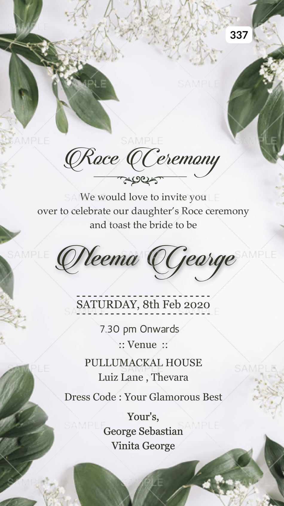 Roce ceremony invitation card Canva Editable Template in english language with green leaves as floral theme design 337