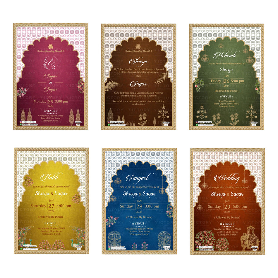 Traditional Indian wedding digital invitation card set 3382 featuring Shreya and Sagar templates with Agrawal family branding   