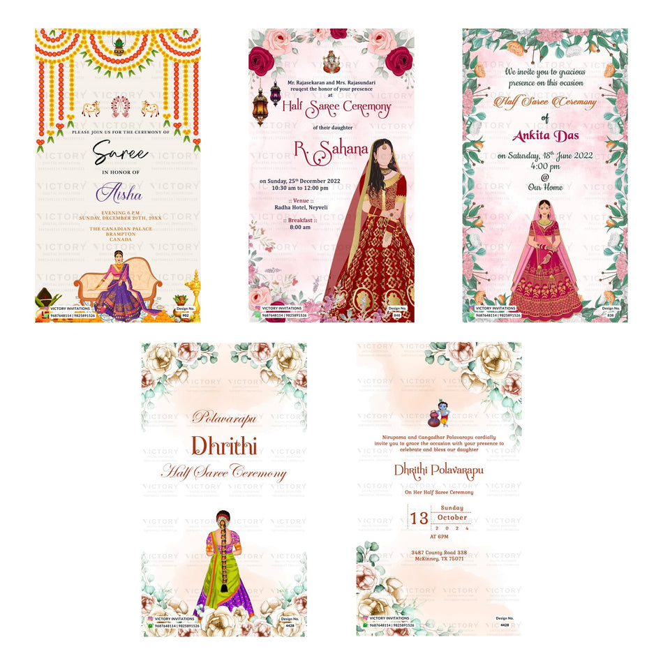 Editable Traditional Floral & Ornamental Frame Half-Saree Invitation PSD Template Bundle A 3384