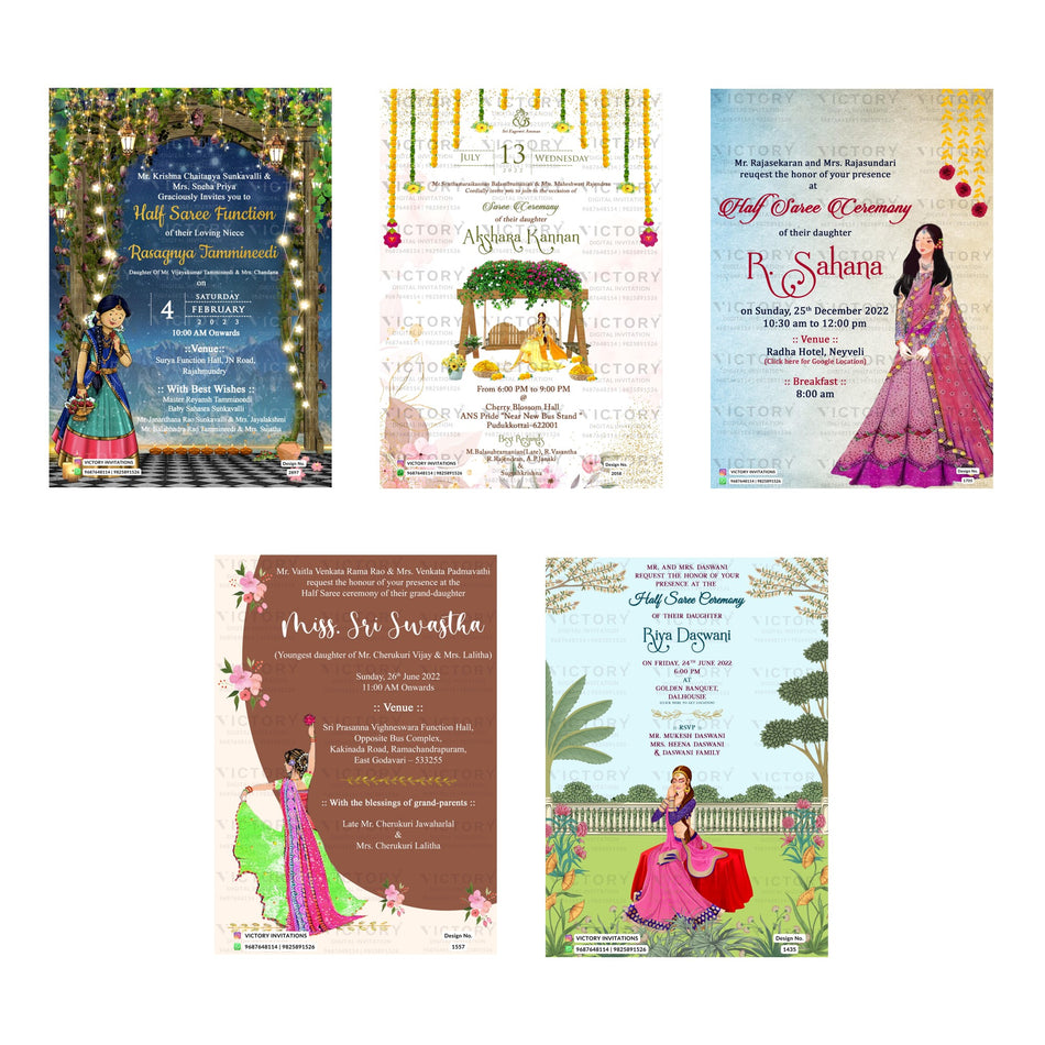 Editable Garden & Traditional Archway Half-Saree Invitation PSD Template Bundle A 3386
