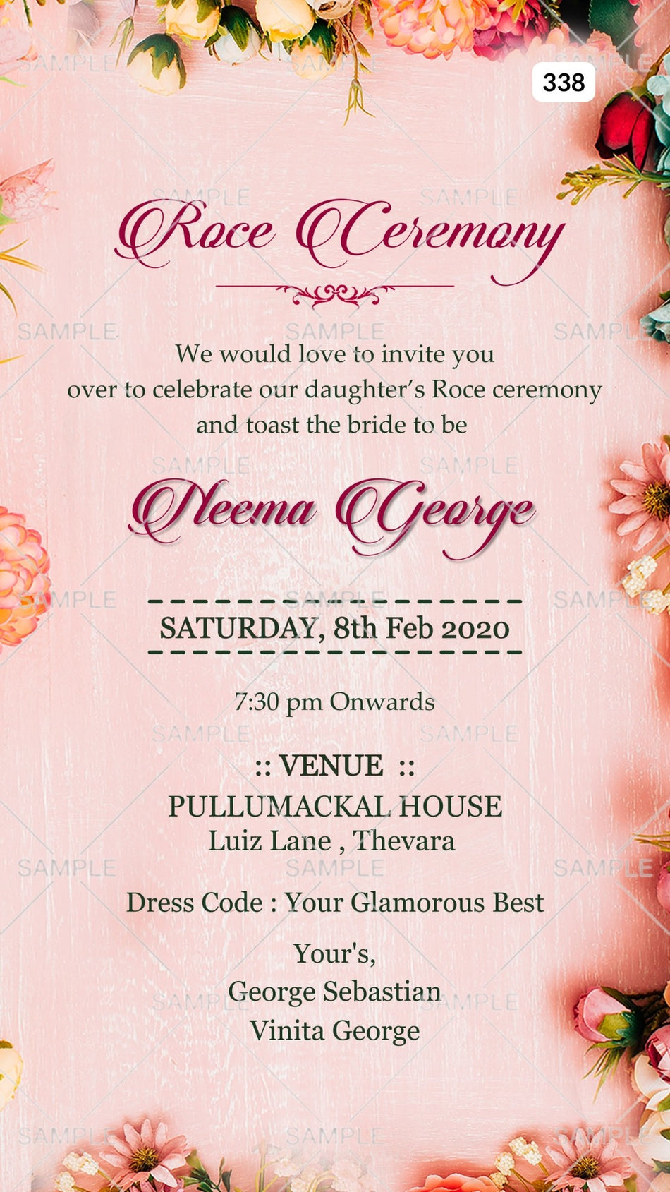 Roce ceremony invitation card Canva Editable Template in english language with flowers as floral theme design 338