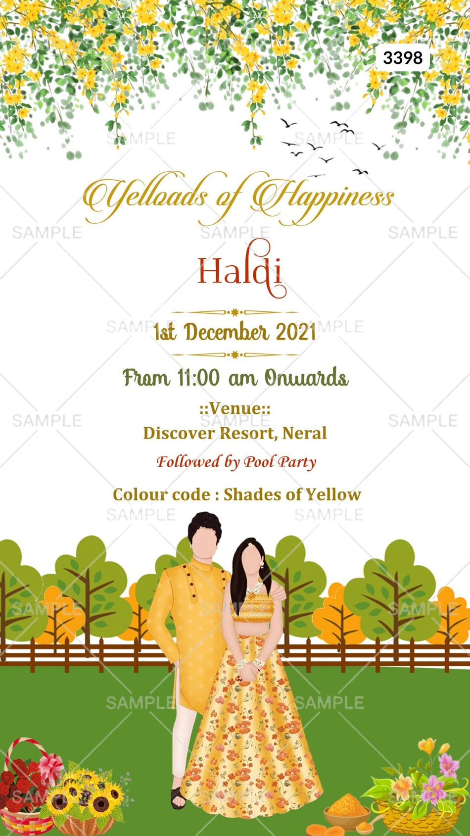 Haldi ceremony invitation card by canva in english language with couple doodle, flowers as garden theme Canva Editable Template design 3398