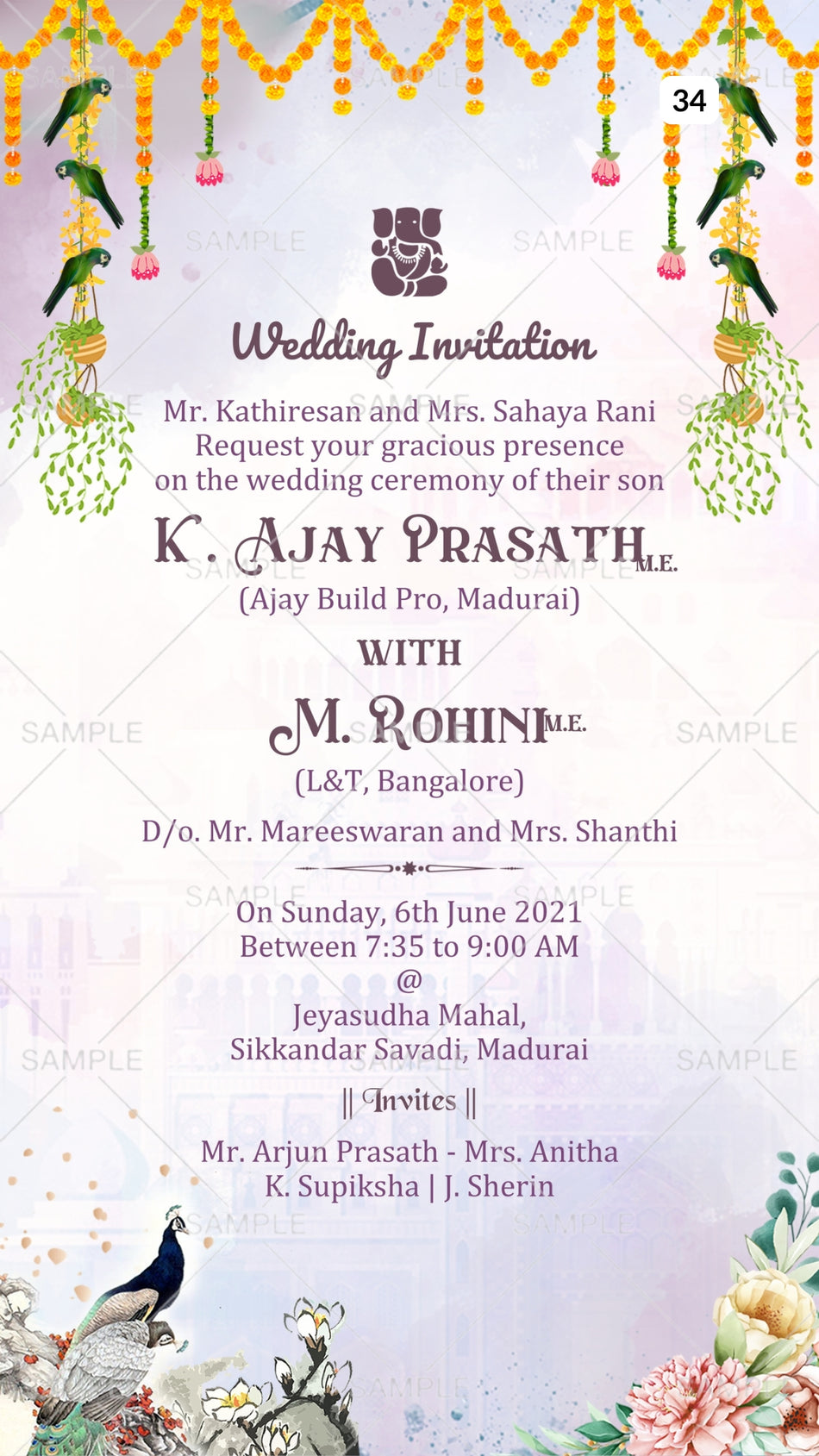 Wedding invitation card Canva Editable Template of hindu tamil family in english language with Traditional theme design 34