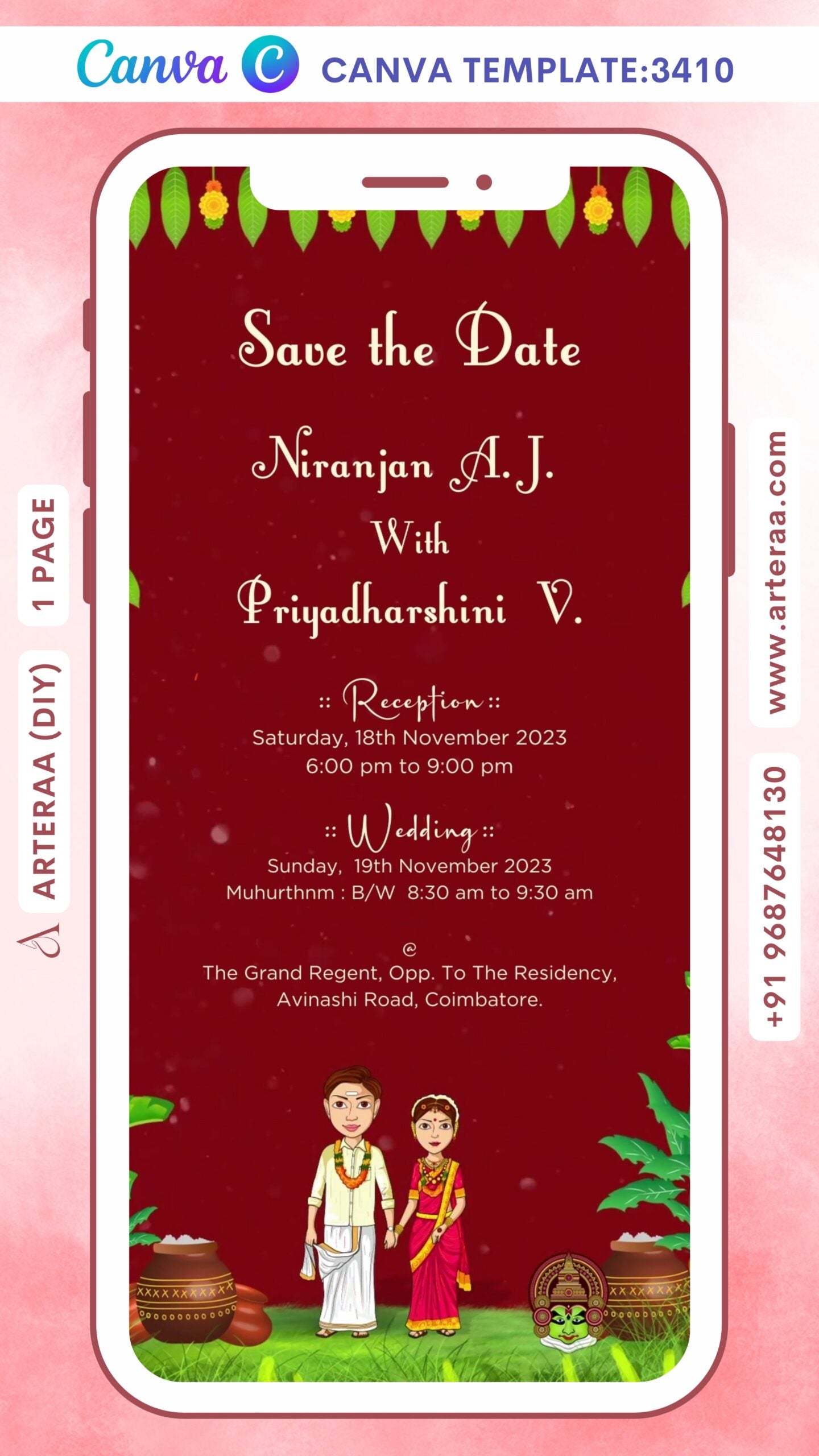 Wedding ceremony invitation Canva Editable video Template of hindu south indian tamil family in tamil language with Traditional theme design 3410