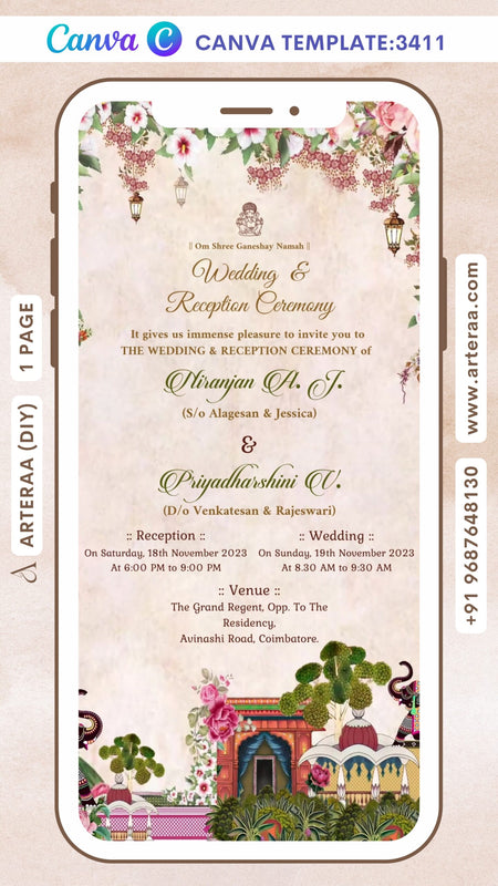 Wedding ceremony invitation Canva Editable video Template of hindu south indian tamil family in english language with traditional theme design 3411