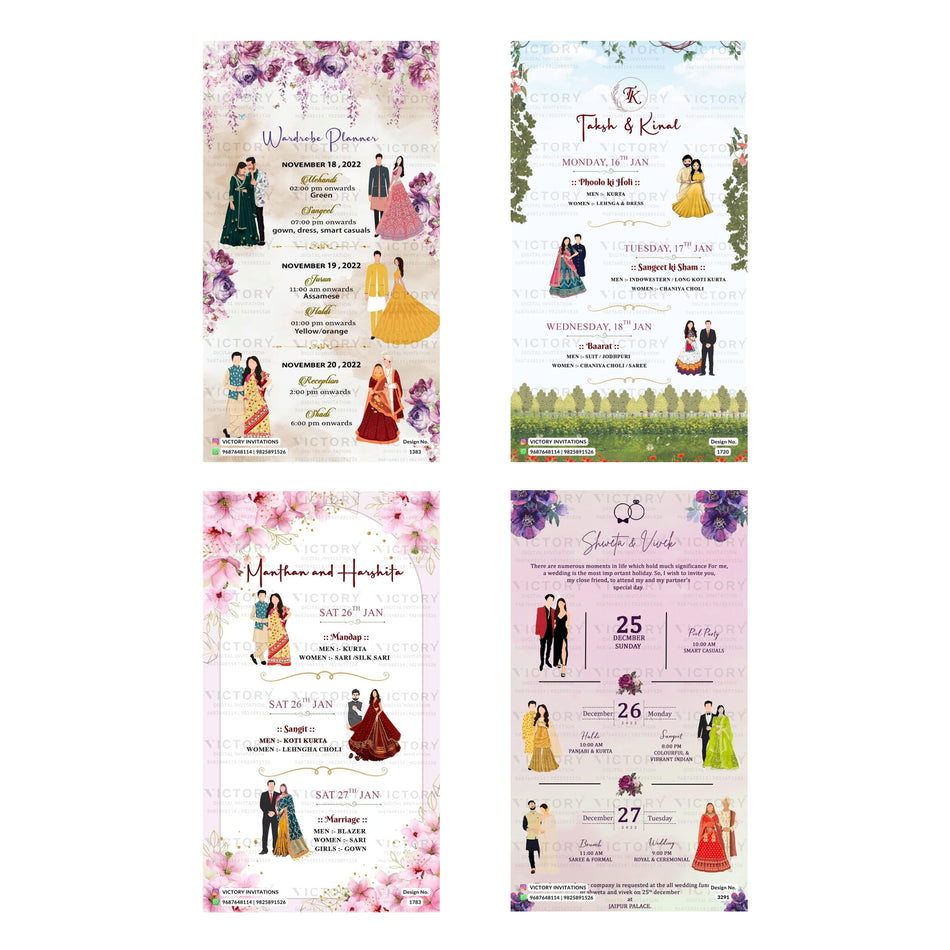 Editable Vibrant Floral & Multi-Day Itinerary Wardrobe Planner Wedding Invitation PSD Bundle A 3412