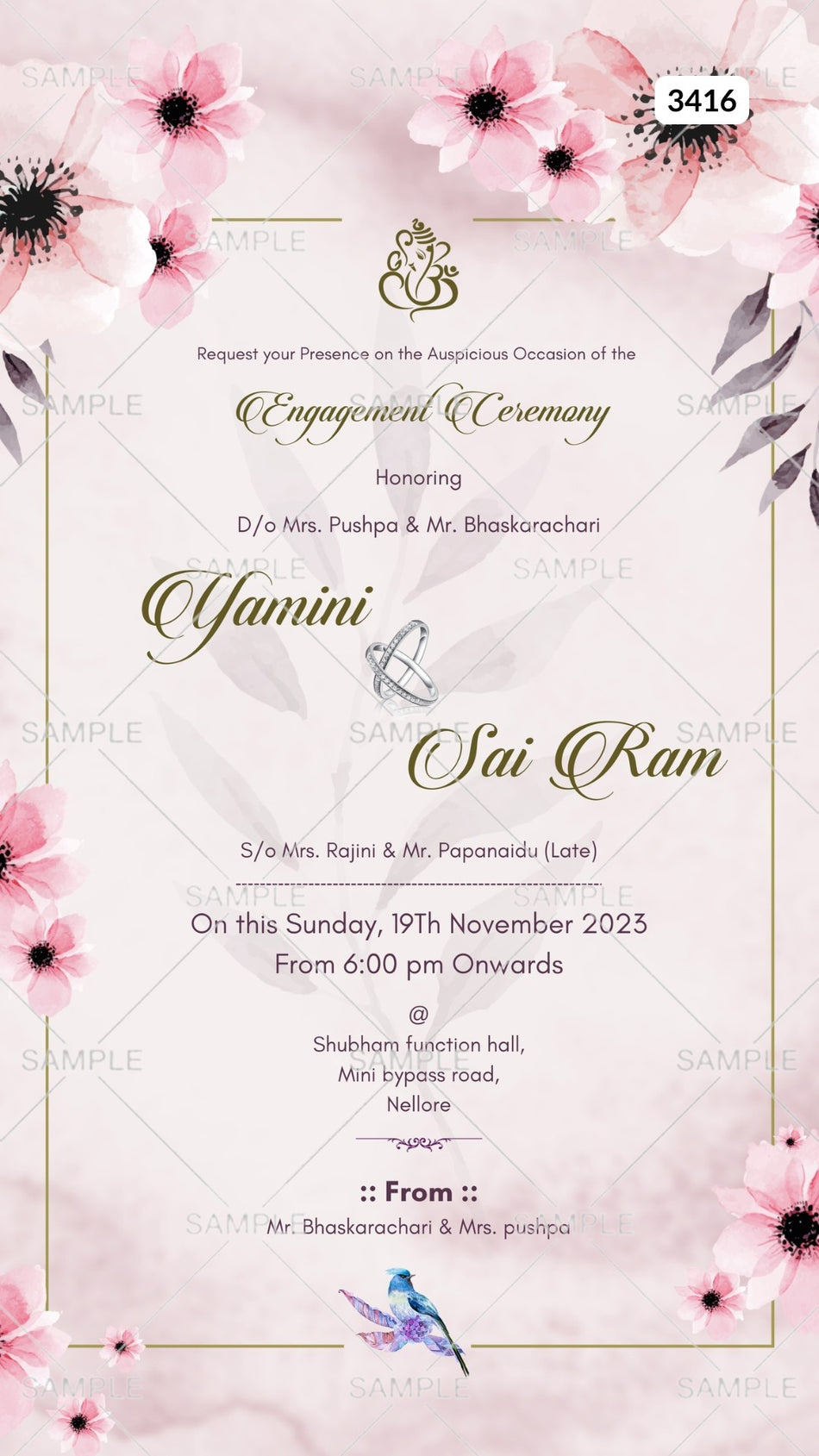Engagement ceremony invitation card by canva in english language with birds, golden frame as floral theme Canva Editable Template design 3416
