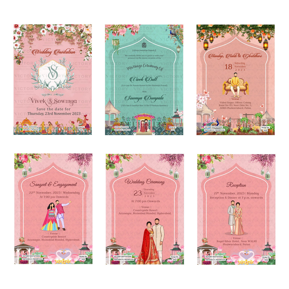 Editable Pink Floral Arch & Palace Wedding Invitation PSD Bundle A 3327