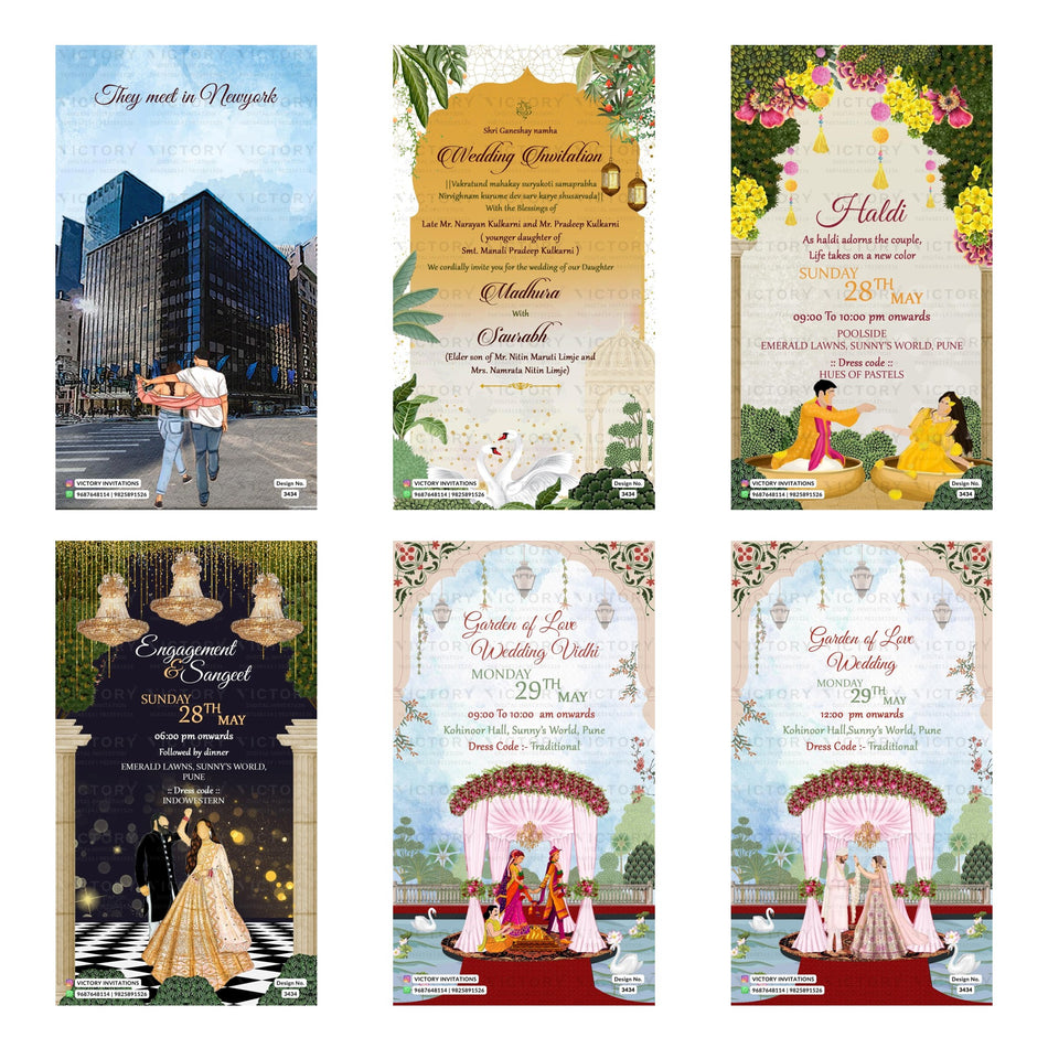 Traditional Indian wedding digital invitation card set 3434 featuring Madhura and Saurabh, Poolside Haldi, Engagement & Sangeet, and Garden of Love Wedding Vidhi templates.