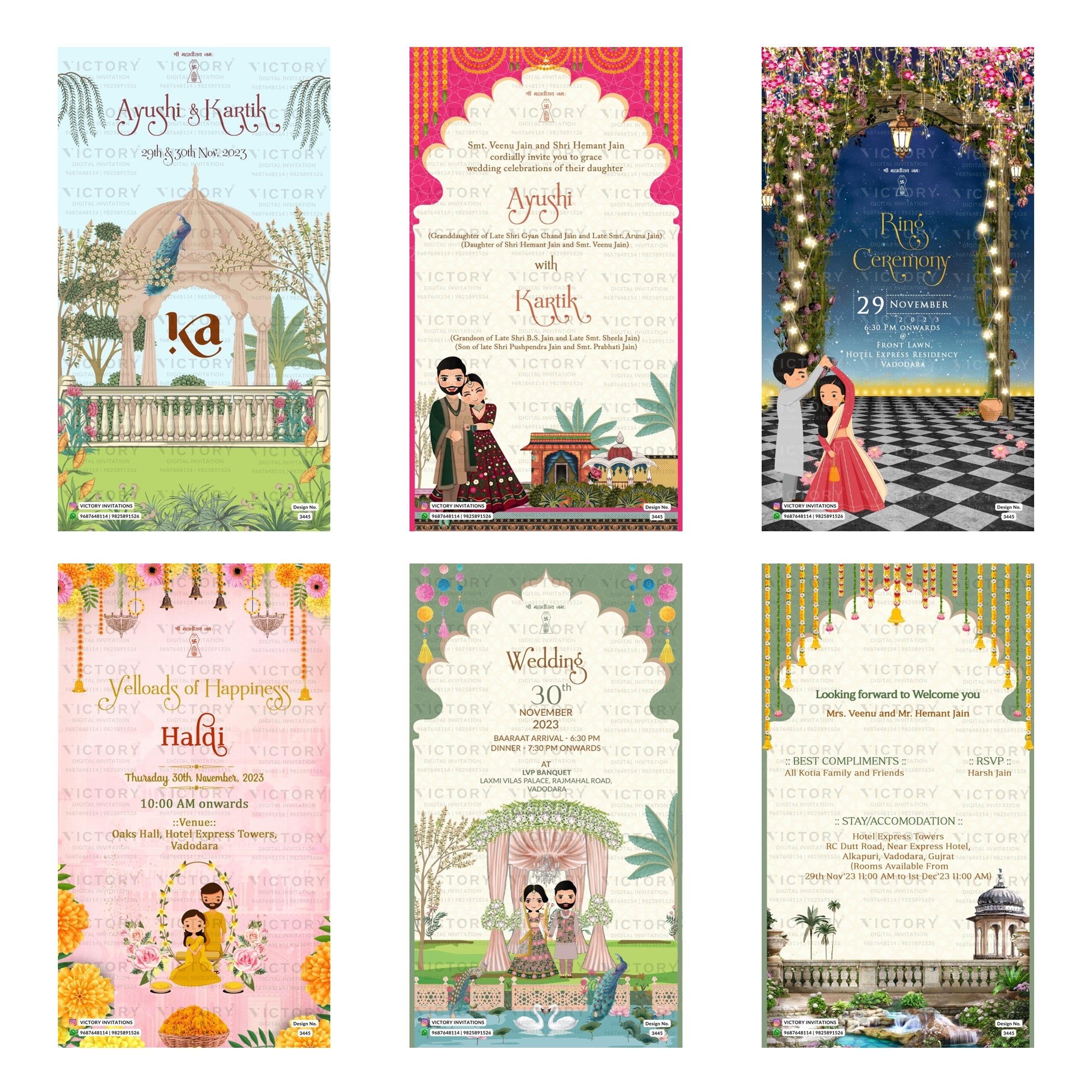 Traditional Indian wedding digital invitation card set 3445 featuring Ayushi and Kartik, Ring Ceremony, Yellows of Happiness Haldi, and Wedding templates.