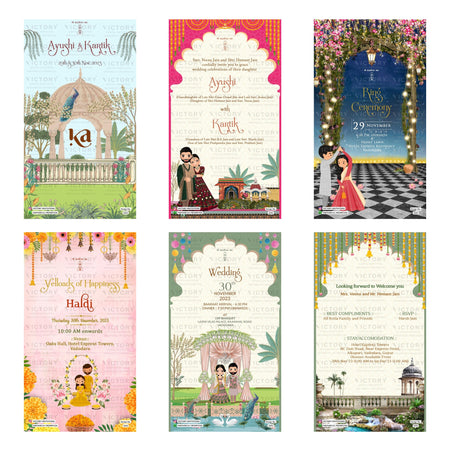 Traditional Indian wedding digital invitation card set 3445 featuring Ayushi and Kartik, Ring Ceremony, Yellows of Happiness Haldi, and Wedding templates.