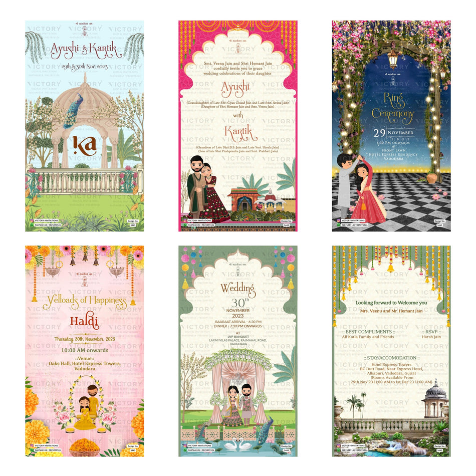 Traditional Indian wedding digital invitation card set 3445 featuring Ayushi and Kartik, Ring Ceremony, Yellows of Happiness Haldi, and Wedding templates.