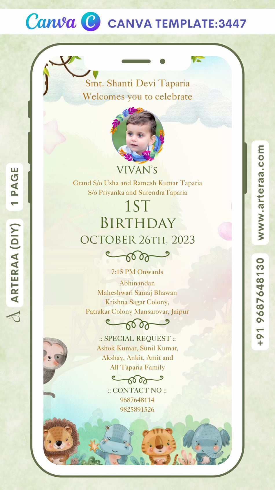Birthday party invitation Canva Editable video Template in English language with animal as jungle theme design 3447