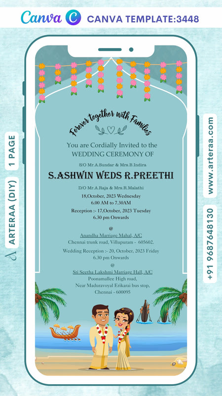 Wedding ceremony invitation Canva Editable video Template of hindu south indian tamil family in english language with beach theme design 3448
