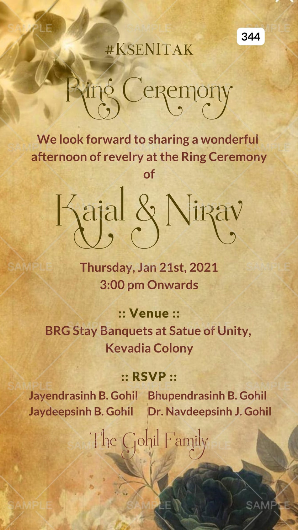 Engagement ceremony invitation card Canva Editable Template in english language with flowers as vintage theme design 344
