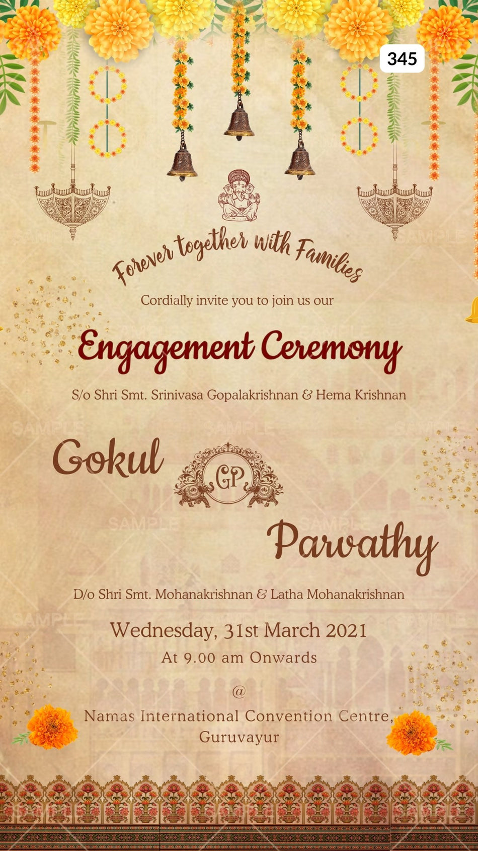 Engagement ceremony invitation card Canva Editable Template in english language with umbrella, bells as marigold flowers theme design 345