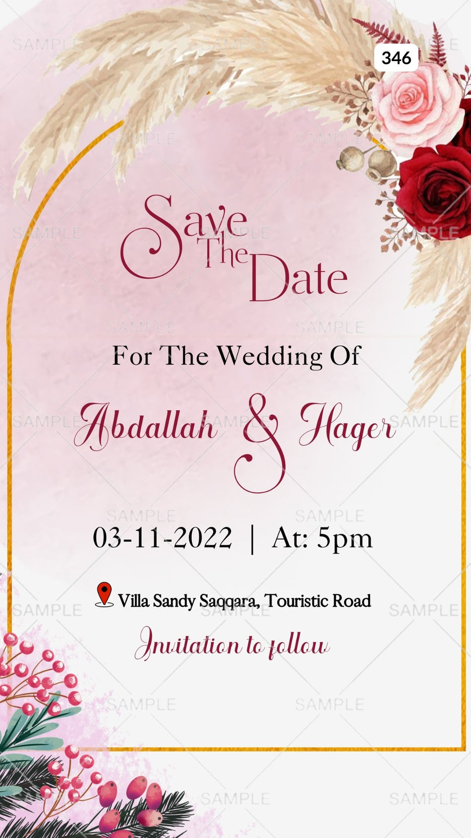 Save the Date card Canva Editable Template in english language with flowers, frame as floral theme design 346