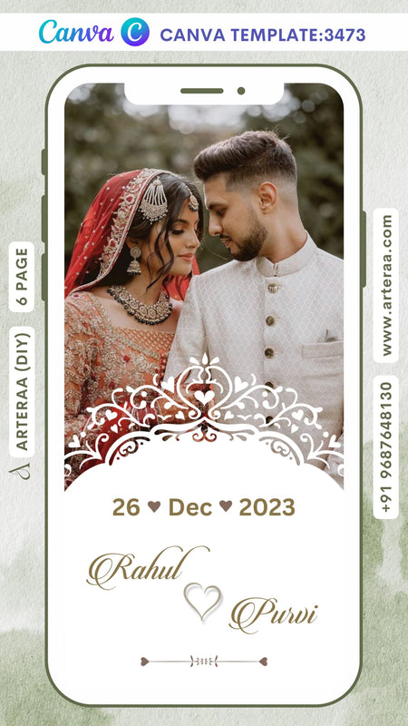 Wedding ceremony invitation Canva Editable video Template of hindu gujarati kathiyawadi family in English language with Arch and leaves theme design 3473