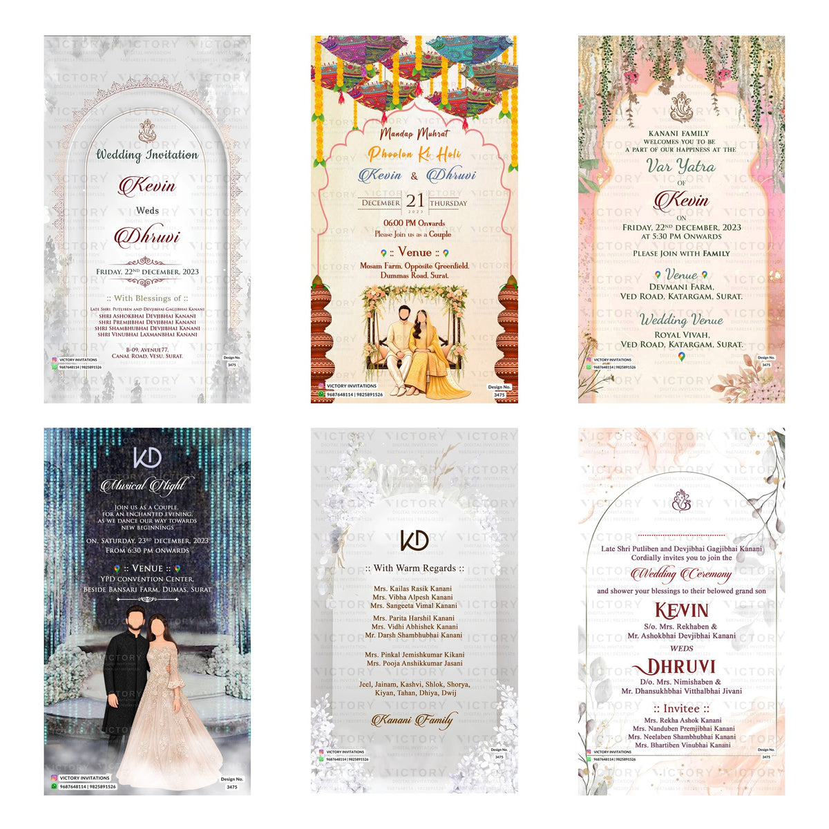 Traditional Indian wedding digital invitation card set 3475 featuring Kevin and Dhruvi templates with Kanani family branding   