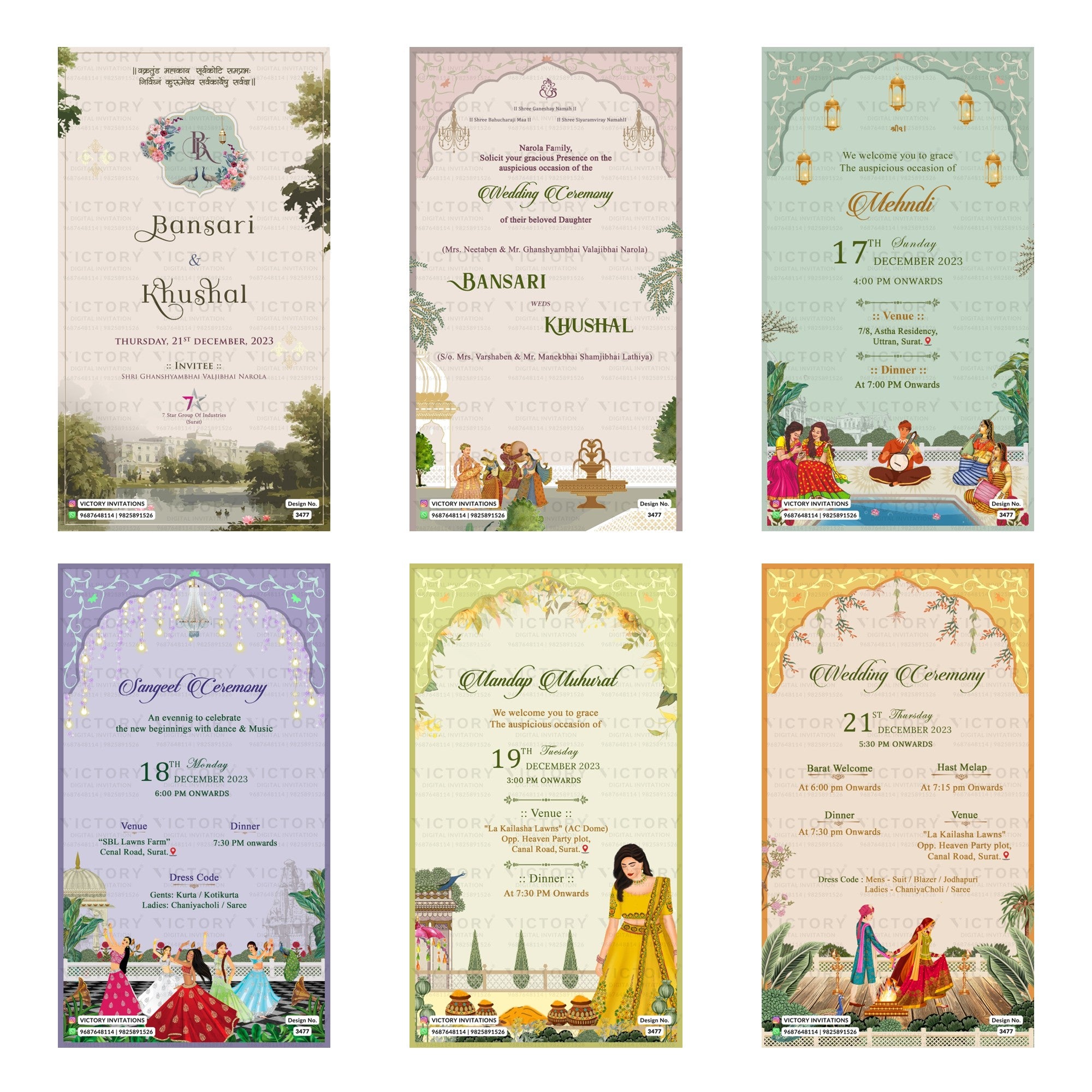 Traditional Indian wedding digital invitation card set 3477 featuring Bansari and Khushal, Mehndi, Sangeet Ceremony, Mandap Muhural, and Wedding Ceremony templates.