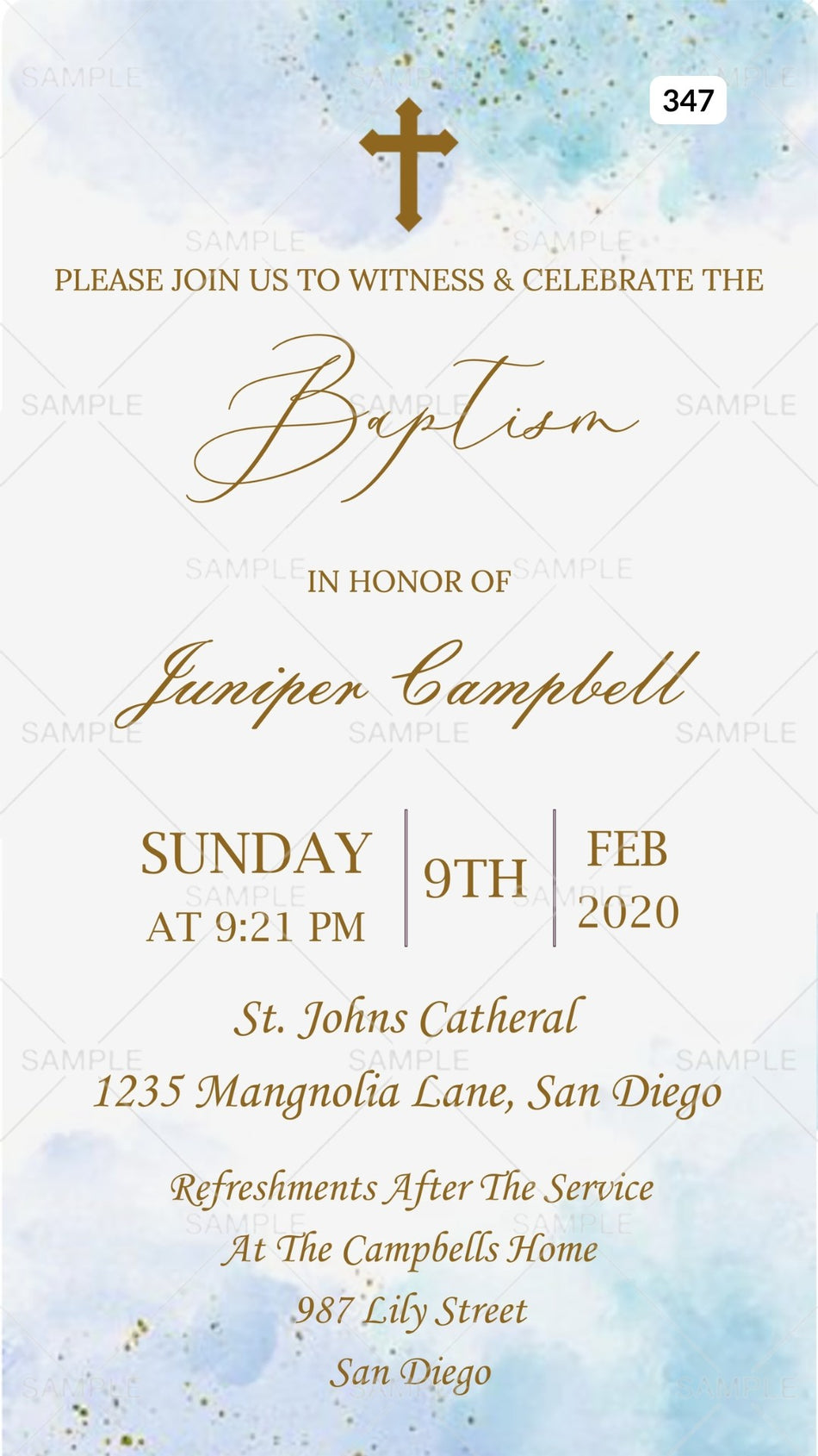 Baptism ceremony invitation card Canva Editable Template in english language with glittery theme design 347