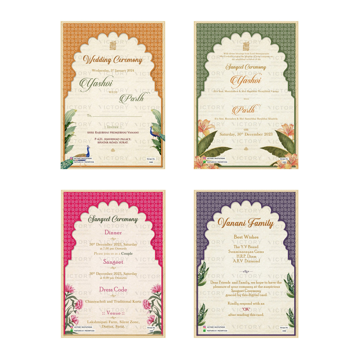 Traditional Indian wedding and celebration digital invitation card set 3480 featuring Yashvi and Parth templates with Vanani family branding   