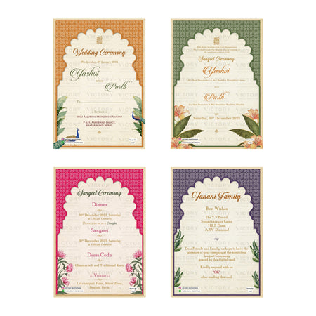 Traditional Indian wedding and celebration digital invitation card set 3480 featuring Yashvi and Parth templates with Vanani family branding   