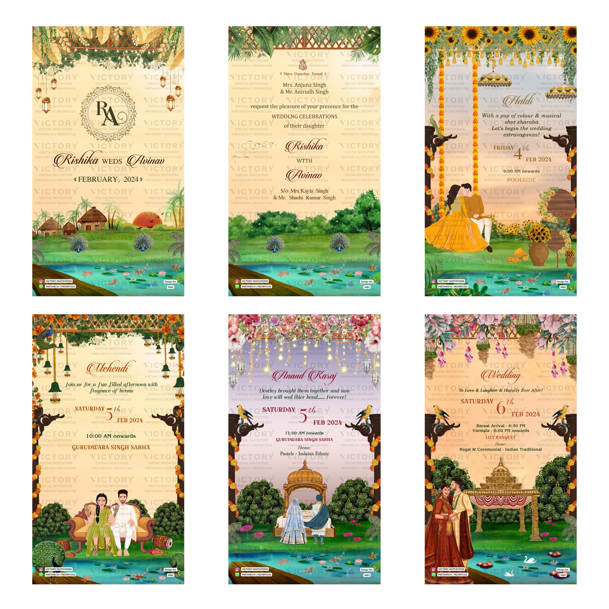 Traditional Indian Anand Karaj and wedding digital invitation card set 3481 featuring Rishika and Abhinav, Poolside Haldi, Mehendi, and Wedding templates.