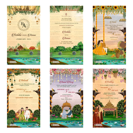 Traditional Indian Anand Karaj and wedding digital invitation card set 3481 featuring Rishika and Abhinav, Poolside Haldi, Mehendi, and Wedding templates.