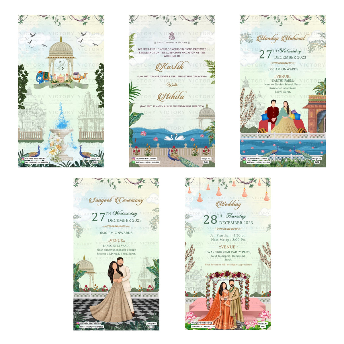 Traditional Indian wedding digital invitation card set 3482 featuring Kartik and Nikila templates with Chanchad and Sheldiya family branding   