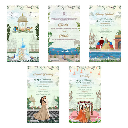 Traditional Indian wedding digital invitation card set 3482 featuring Kartik and Nikila templates with Chanchad and Sheldiya family branding   