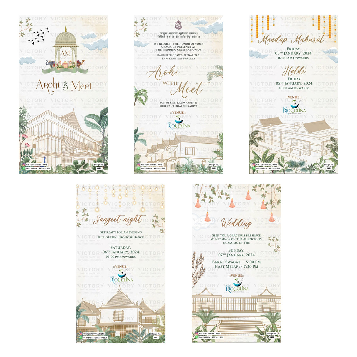 Traditional Indian wedding digital invitation card set 3491 featuring Arohi and Meet, Mandap Muhurat, Haldi, Sangeet Night, and Wedding templates.