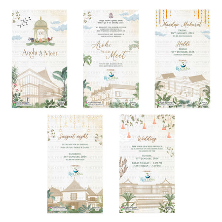Traditional Indian wedding digital invitation card set 3491 featuring Arohi and Meet, Mandap Muhurat, Haldi, Sangeet Night, and Wedding templates.