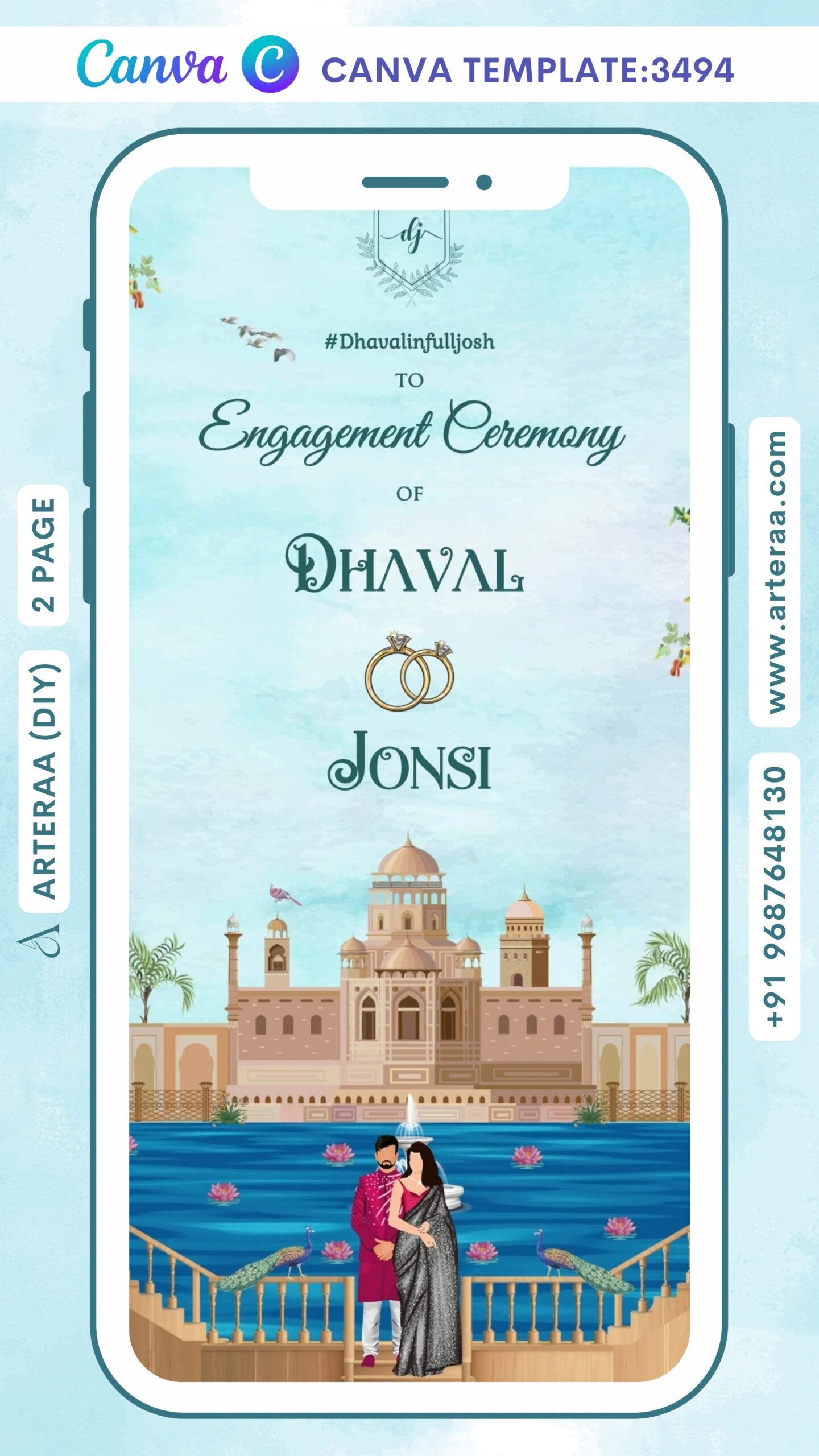 Engagement invitation Canva Editable video Template in English language with couple doodle, peacock, lotus, fountain as royal theme design 3494