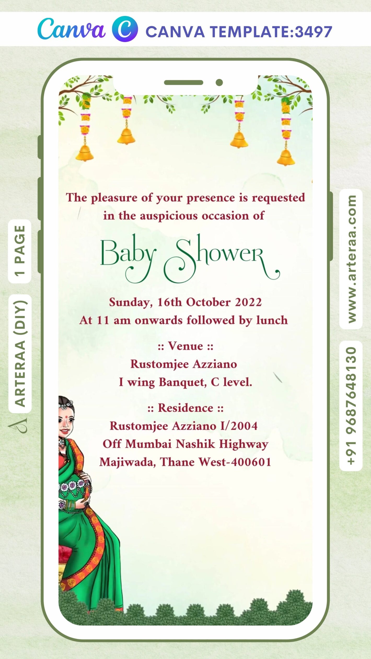 Dohale Jevan Baby Shower ceremony invitation Canva Editable video Template in marathi language with cloud, garland as minimalistic theme design 3497
